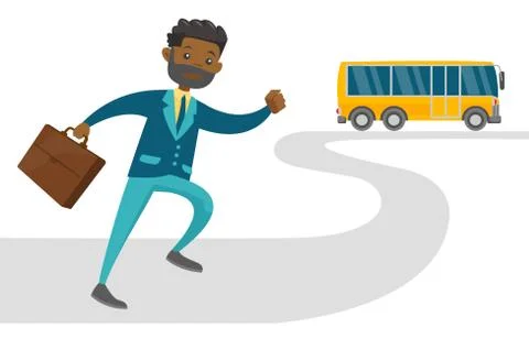Black latecomer man running for the bus. Illustrazione stock