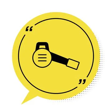 Black Leaf garden blower icon isolated on white background. Yellow speech bubble Stock Illustration