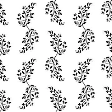 Black leafy branches seamless pattern on a crisp white background, Stock Illustration
