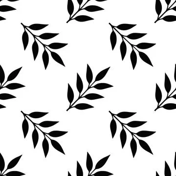 Black leafy branches seamless pattern on a crisp white background, Stock Illustration