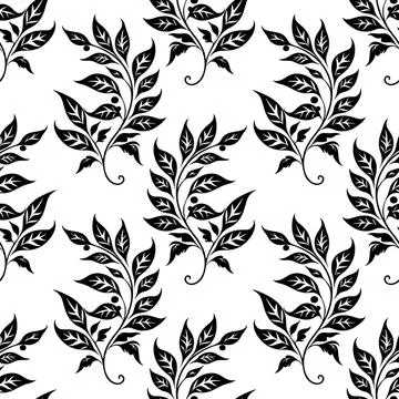 Black leafy branches seamless pattern on a crisp white background, Stock Illustration