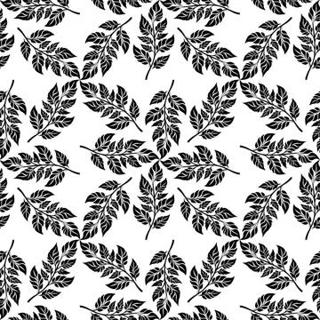 Black leafy branches seamless pattern on a crisp white background, Stock Illustration