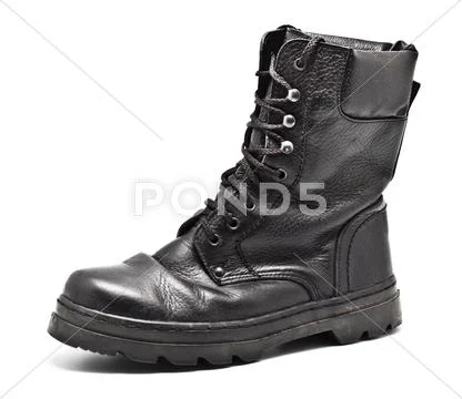 Black leather army boot Stock Photos