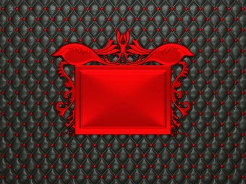 Black leather background with red stucco moulding frame for caption Stockillustratie