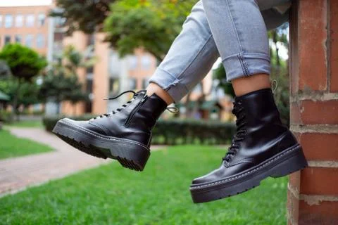 Black leather boots Stock Photos