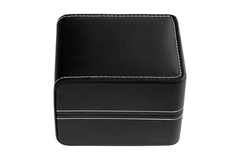 Black leather box with stitched stitching and rounded corners package. Stock Photos