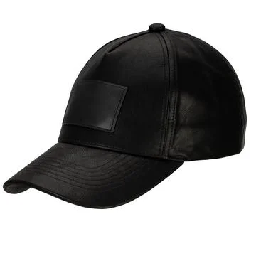 Black Leather Cap with Front Patch Angled View Stock Photos