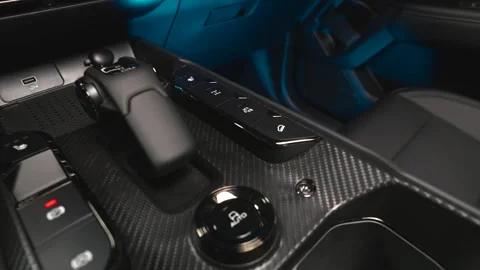 Black leather car interior. Modern car interior, interior parts, interior detail Stock Footage 309403418