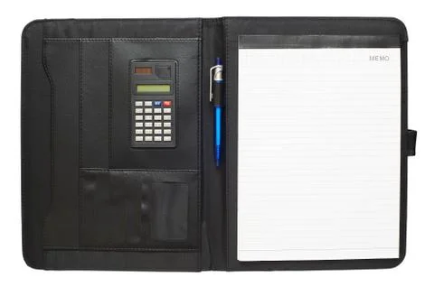 Black leather folder with notepad, pen and calculator Stock Photos