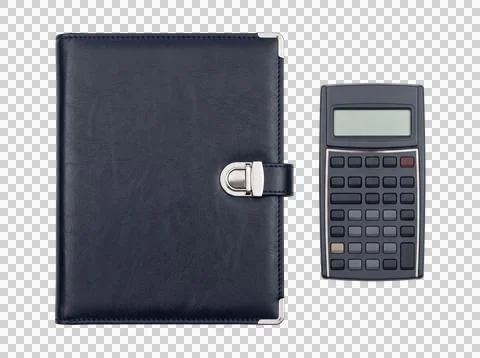 Black leather notebook with digital calculator isolated on transparent back.. Stock Photos