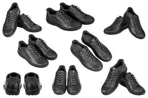 Black leather sneakers set from different angles isolated on white background Stock Photos