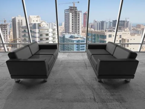 Black leather sofas, 3d illustration with cityscape 스톡 일러스트