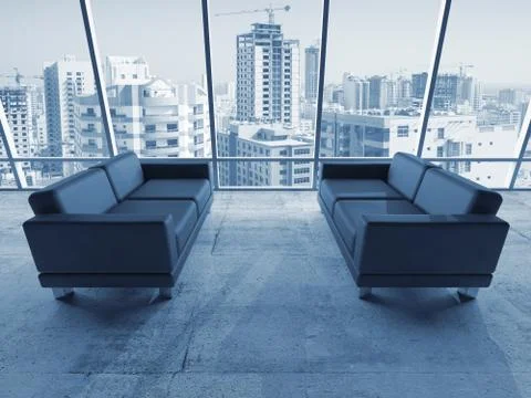 Black leather sofas, blue toned 3d with cityscape 库存插图