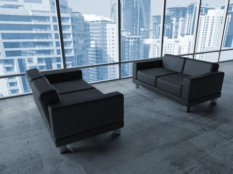 Black leather sofas, blue toned 3d illustration Illustrazione stock