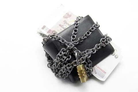 Black leather wallet with numeric pad lock and thai banknote Stock Photos