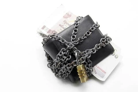 Black leather wallet with numeric pad lock and thai banknote black leather... Stock Photos
