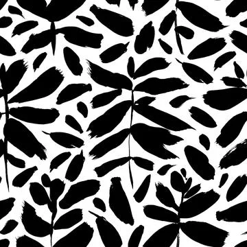 Black leaves and branches vector seamless pattern. Stock Illustration
