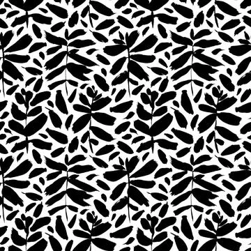 Black leaves and branches vector seamless pattern. Stock Illustration