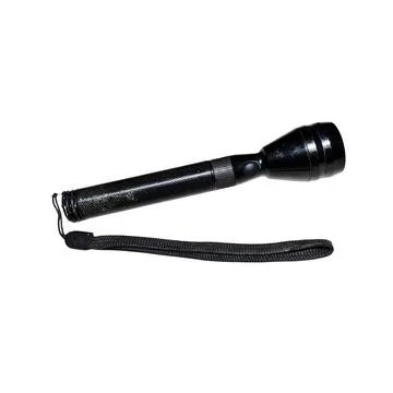 Black LED flashlight with strap on a solid white background 스톡 사진