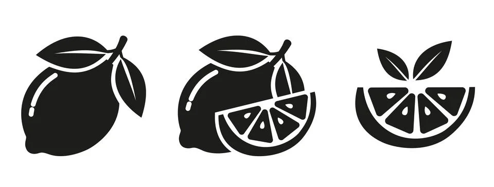 Black Lemon Fruit and Slice Silhouette Vector Set Stock Illustration