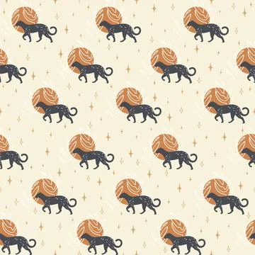 Black leopard vector cartoon style seamless pattern. Cute wild cat illustra.. Stock Illustration
