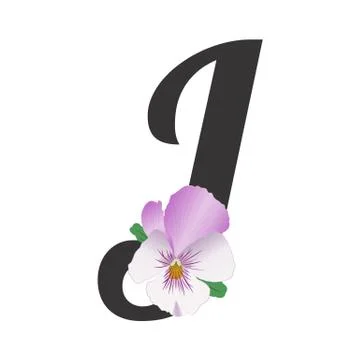 The black letter J is decorated with a light lilac garden pansy flower. Stock Illustration