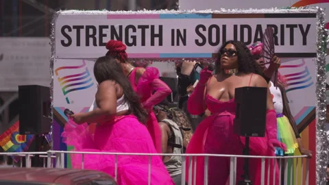 Black LGBT people on a float at Pride gay LGBTQ parade in New York City 2023 Stock Footage 244663944