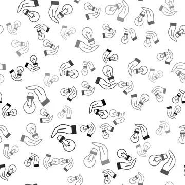 Black Light bulb in hand with concept of idea icon isolated seamless pattern on Illustrazione stock