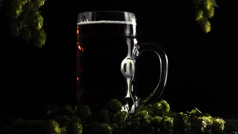Black Light transitions down with a beer glass on a wooden background with hops Stock Footage 221547267