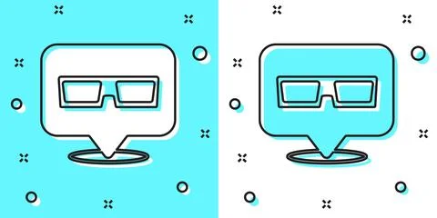 Black line 3D cinema glasses icon isolated on green and white background. R.. Stock Illustration