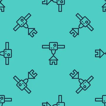 Black line 3D printer house icon isolated seamless pattern on green background Illustrazione stock