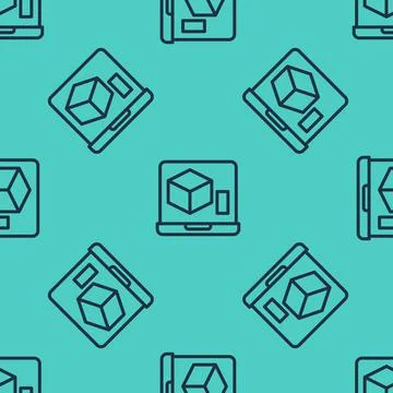 Black line 3D printer icon isolated seamless pattern on green background. 3d Stock Illustration