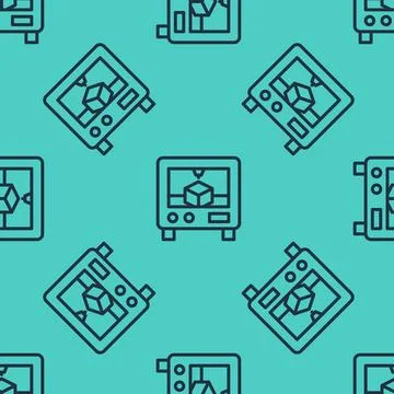 Black line 3D printer icon isolated seamless pattern on green background. 3d  Stock Illustration