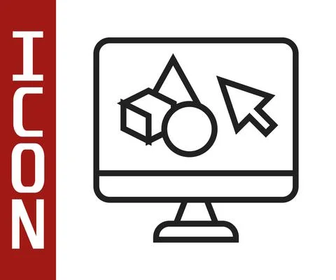 Black line 3D printer software icon isolated on white background. 3d printing Illustrazione stock