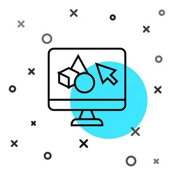 Black line 3D printer software icon isolated on white background. 3d printing Ilustração Stock