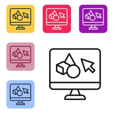 Black line 3D printer software icon isolated on white background. 3d printing Stock Illustration