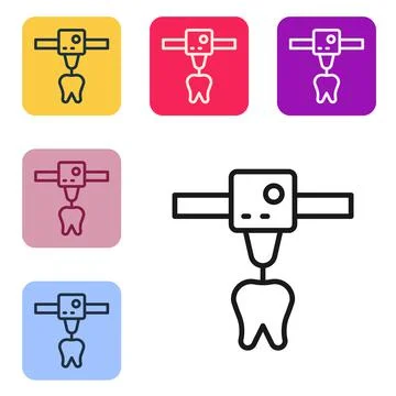 Black line 3D printer tooth icon isolated on white background. 3d printing. Set Stock Illustration