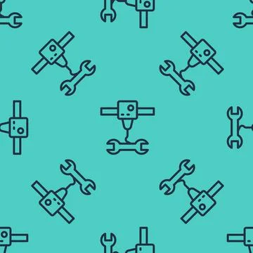 Black line 3D printer wrench spanner icon isolated seamless pattern on green Stock Illustration