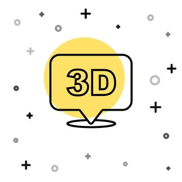 Black line 3D word icon isolated on white background. Random dynamic shapes.. Stock Illustration