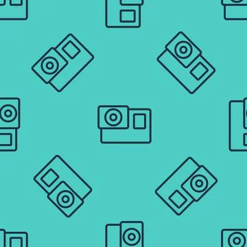 Black line Action extreme camera icon isolated seamless pattern on green Illustrazione stock