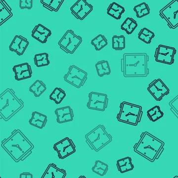 Black line Alarm clock icon isolated seamless pattern on green background. Wa 스톡 일러스트