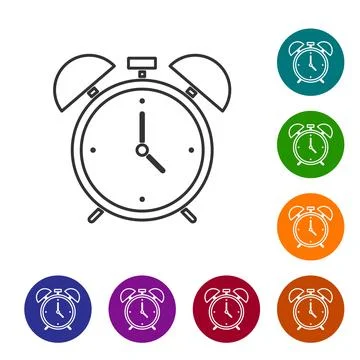 Black line Alarm clock icon isolated on white background. Wake up, get up con Illustrazione stock