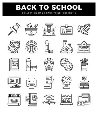 A black line art back to school icons on a white background. Illustrazione stock