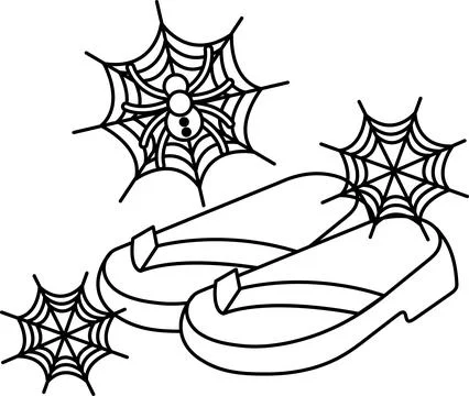 Black line art of flip-flops and spider webs Stock Illustration