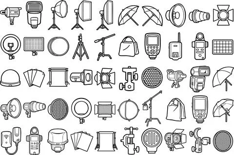 Black line art studio lighting equipment icons Ilustração Stock