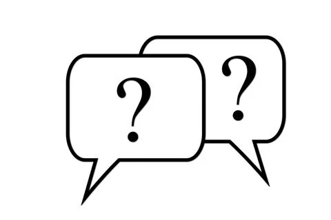 Black line art of two speech bubbles with question marks on a white backgroun Stock Illustration