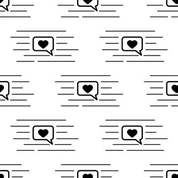 Black line art vector seamless pattern with social media speach bubble, heart Stock Illustration