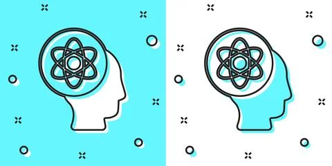 Black line Atom icon isolated on green and white background. Symbol of science 스톡 일러스트