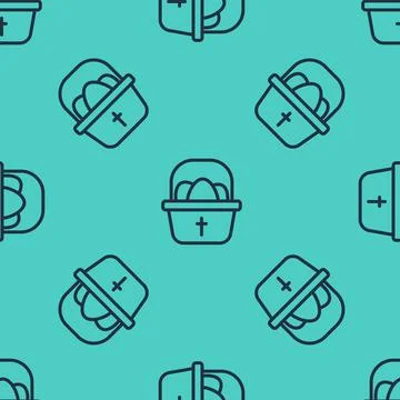 Black line Basket with easter eggs icon isolated seamless pattern on green Stock Illustration