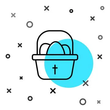 Black line Basket with easter eggs icon isolated on white background. Happy Illustrazione stock